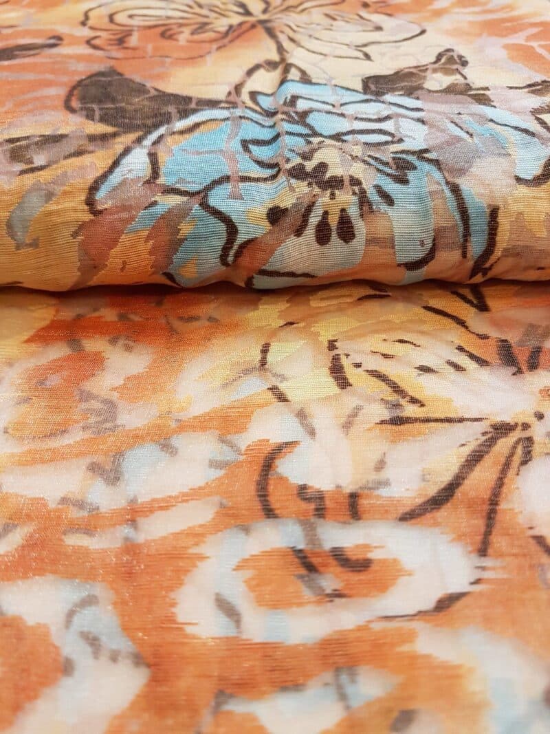 Orange blomster - Chiffon, hør/polyester - Info mangler
