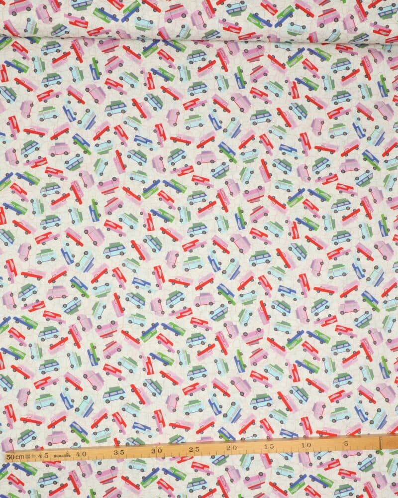 Autocampere på hvid bund - Patchwork - Stoffabrics