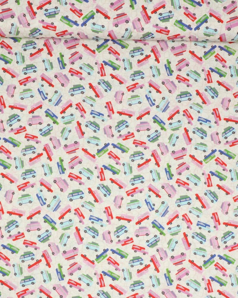 Autocampere på hvid bund - Patchwork - Stoffabrics