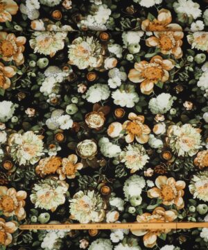 Store blomster på sort - Twillvævet Viskose - Info mangler
