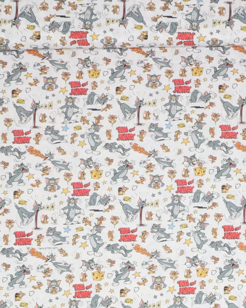Tom og Jerry på hvid - Bomuld - Info mangler