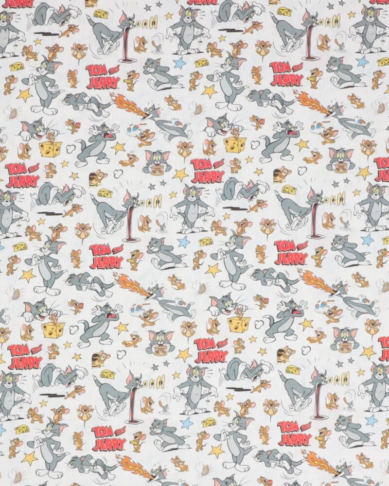 Tom og Jerry på hvid - Bomuld - Info mangler