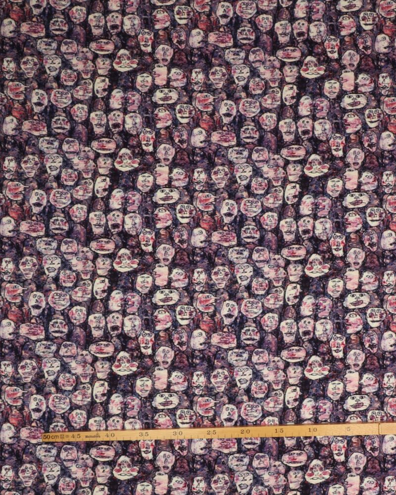 Tegnet ansigter på bund af lilla nuancer - Viskose Jersey - Info mangler