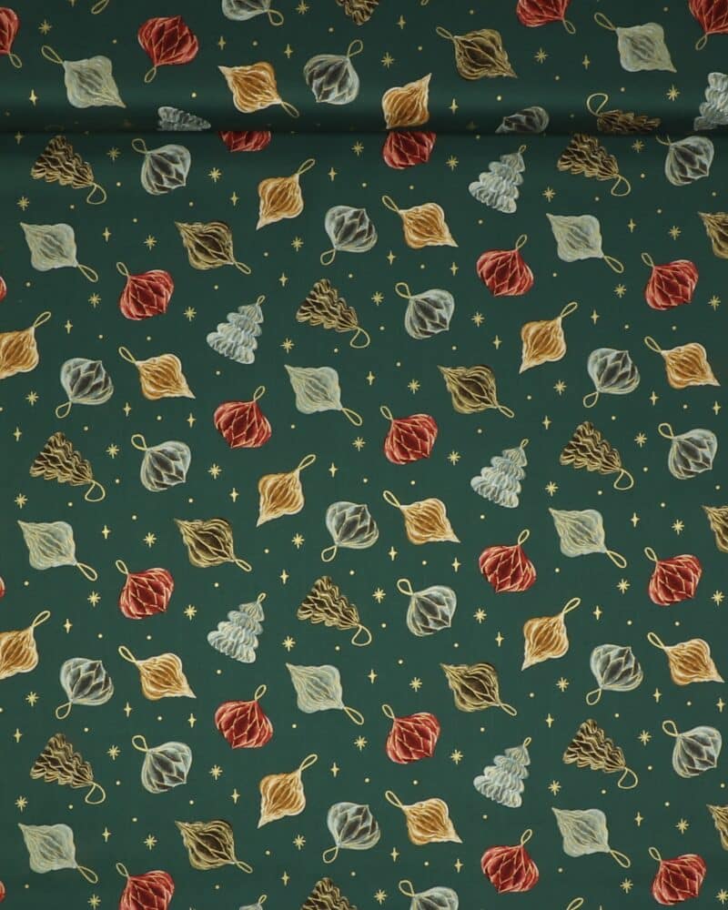 Noel, juleornamenter på mørk grøn - Patchwork - Figo fabrics