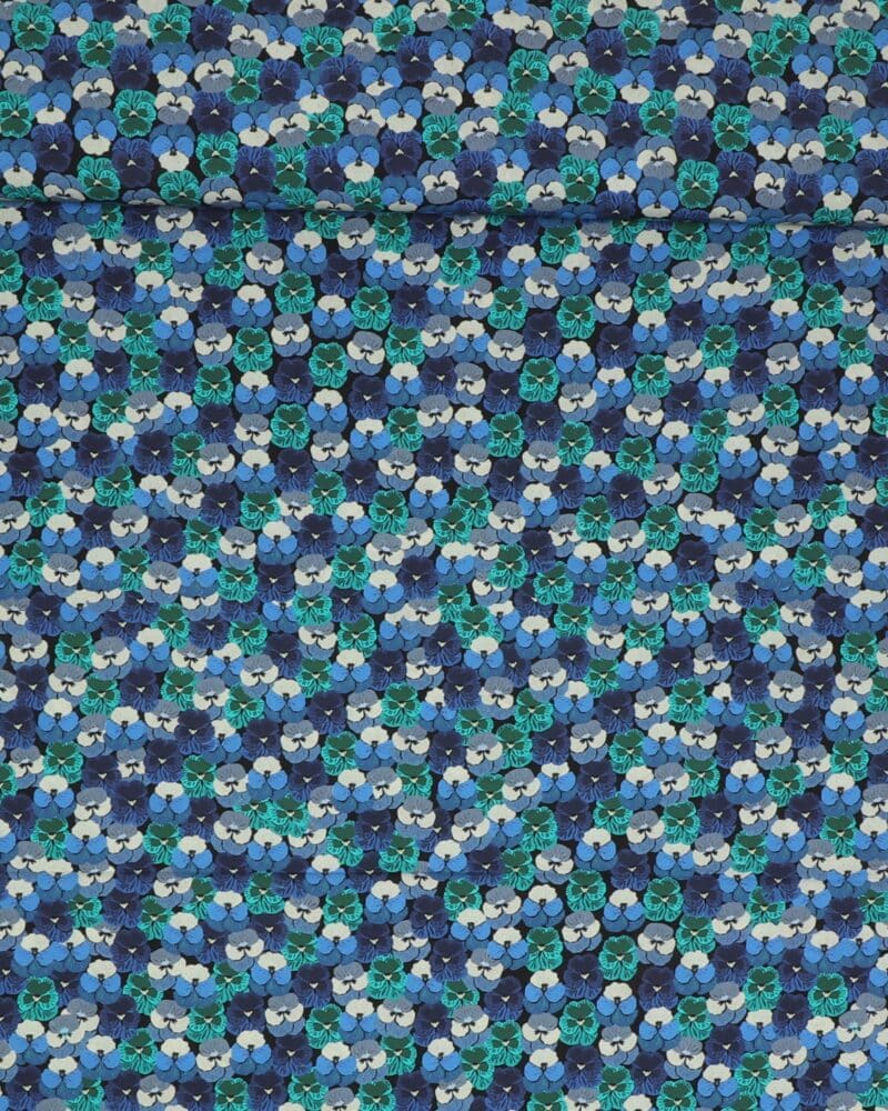 Blå/grøn stedmoderblomst - Bomuld - Stoffabrics