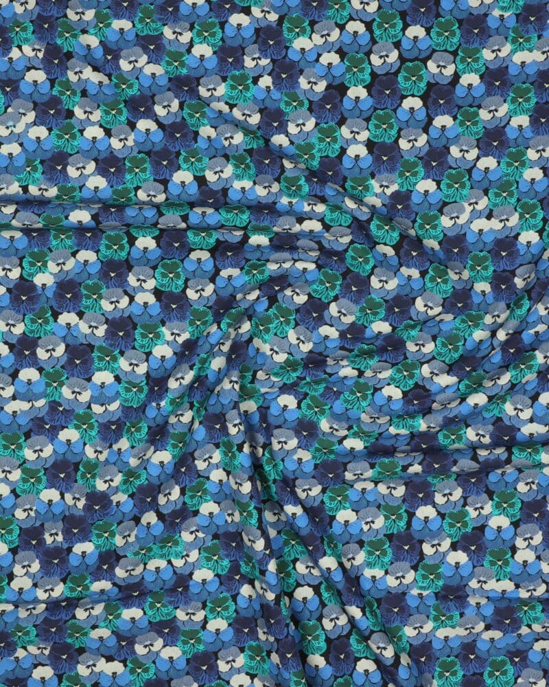 Blå/grøn stedmoderblomst - Bomuld - Stoffabrics