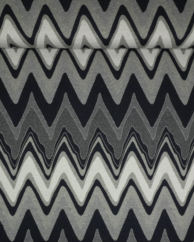 Bølget mønster i grå og blå farver - Jaquard jersey - Info mangler