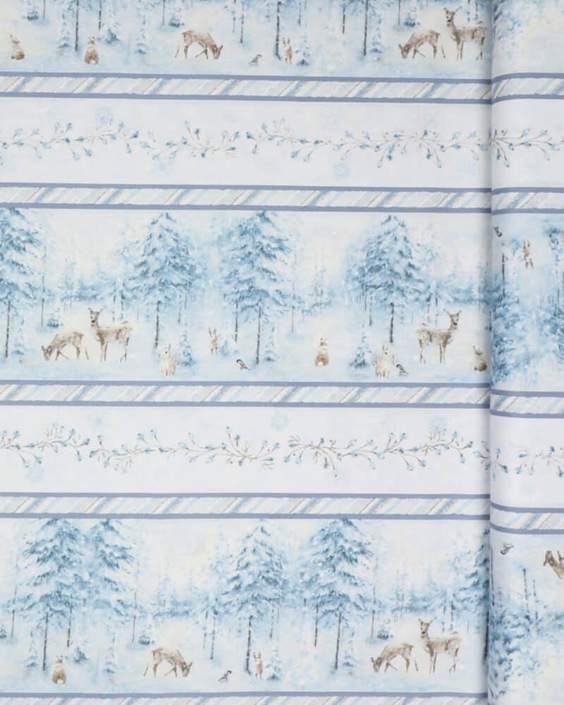 Woodland frost, dyr på stribe i vinterlanskab/blå - Patchwork - Wilmington prints