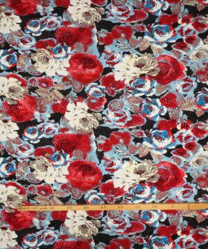 Blomster i røde og blå farver - Viskose Jersey - Info mangler