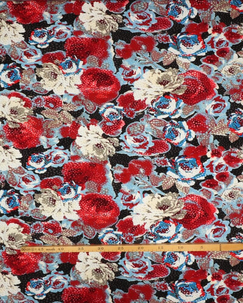 Blomster i røde og blå farver - Viskose Jersey - Info mangler