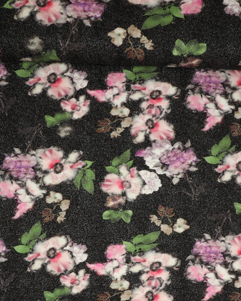 Sort m. blomster sølvglimmer - Polyester jersey - Info mangler