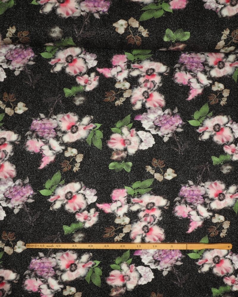 Sort m. blomster sølvglimmer - Polyester jersey - Info mangler