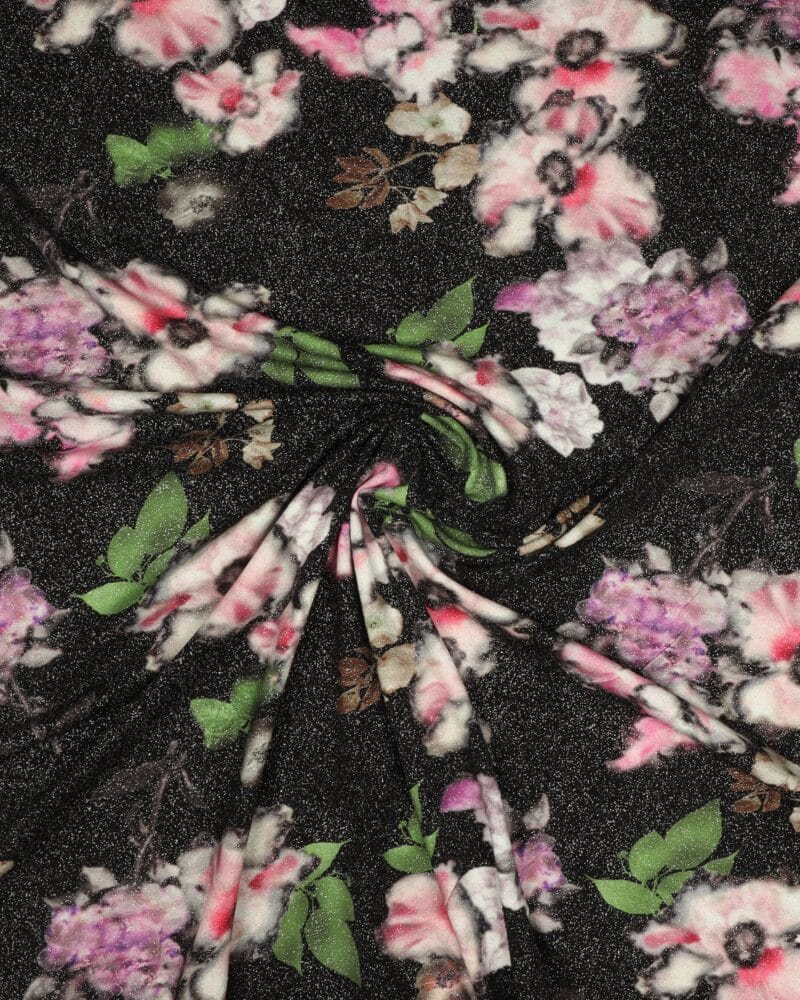 Sort m. blomster sølvglimmer - Polyester jersey - Info mangler