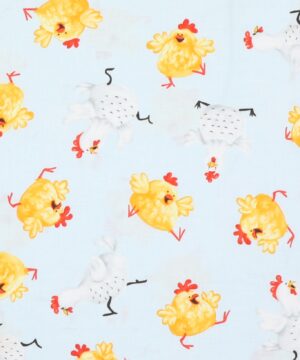 Høns og kyllinger på lyseblå bund - Patchwork - Hamlin Textiles
