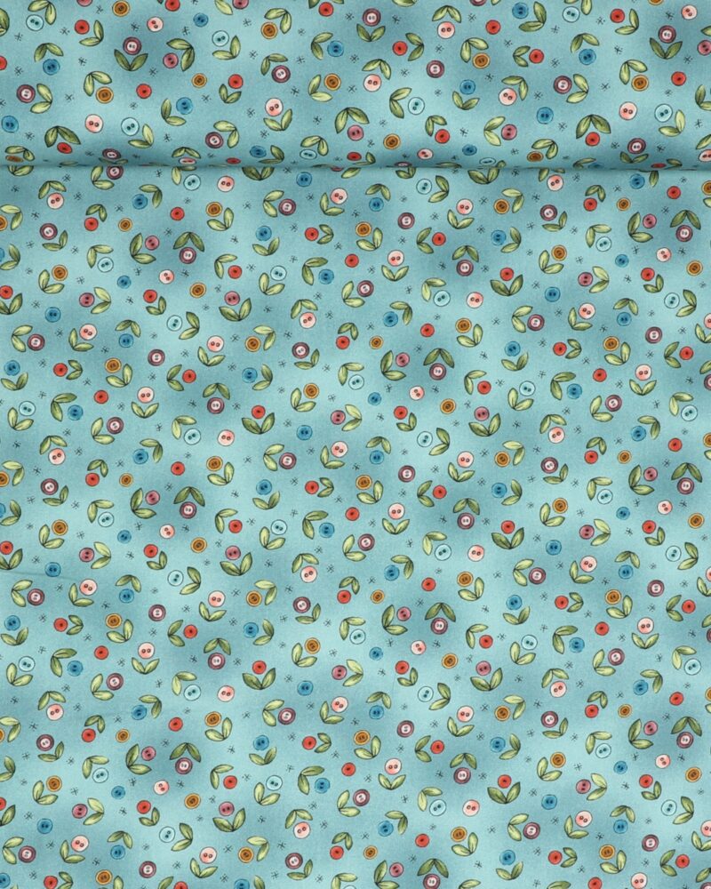 Button Buds, små knapblomster på blå bund - Patchwork - Michael Miller Fabrics