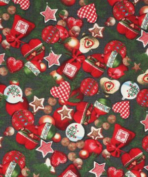 Julekugler, stjerner og hjerter på grøn bund - Boligtekstil - Info mangler