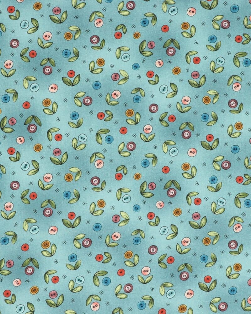Button Buds, små knapblomster på blå bund - Patchwork - Michael Miller Fabrics