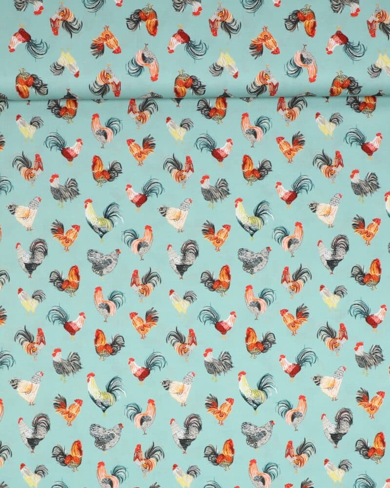 Haner og høns på turkis - Patchwork - Stoffabrics