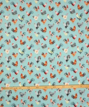Haner og høns på turkis - Patchwork - Stoffabrics