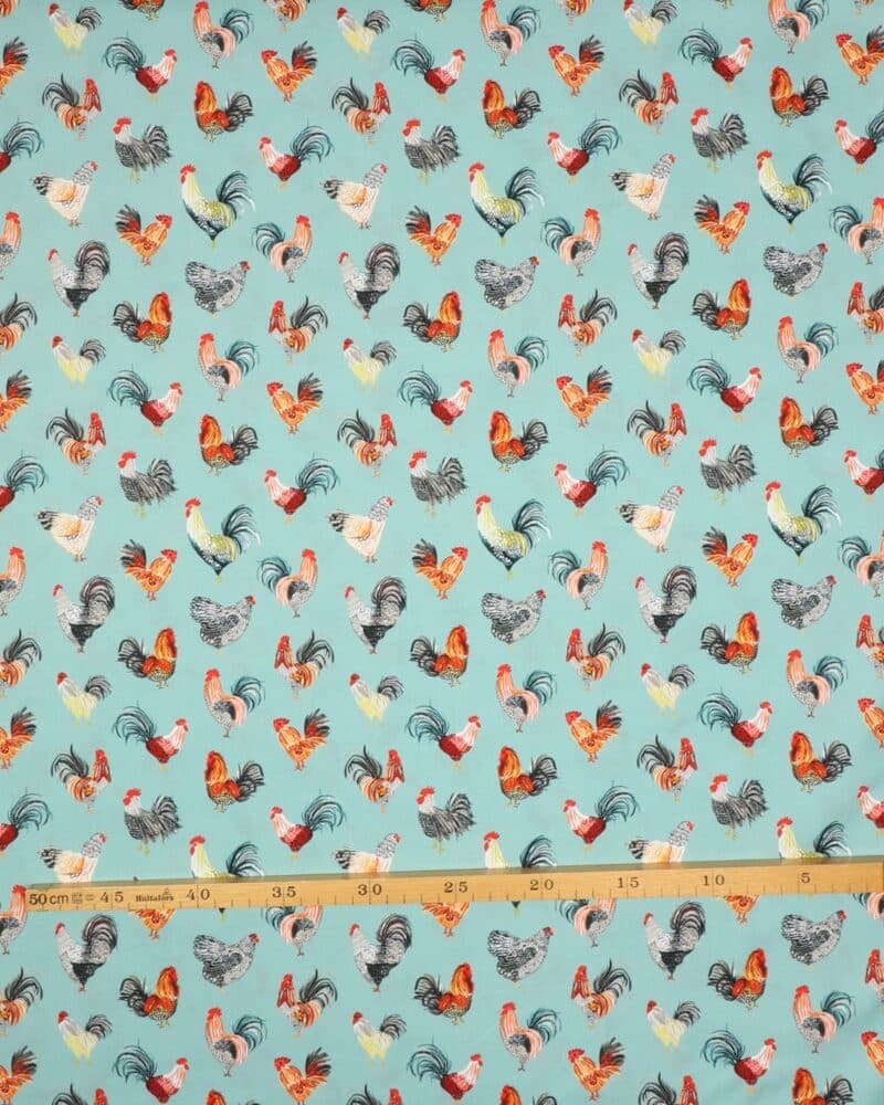 Haner og høns på turkis - Patchwork - Stoffabrics