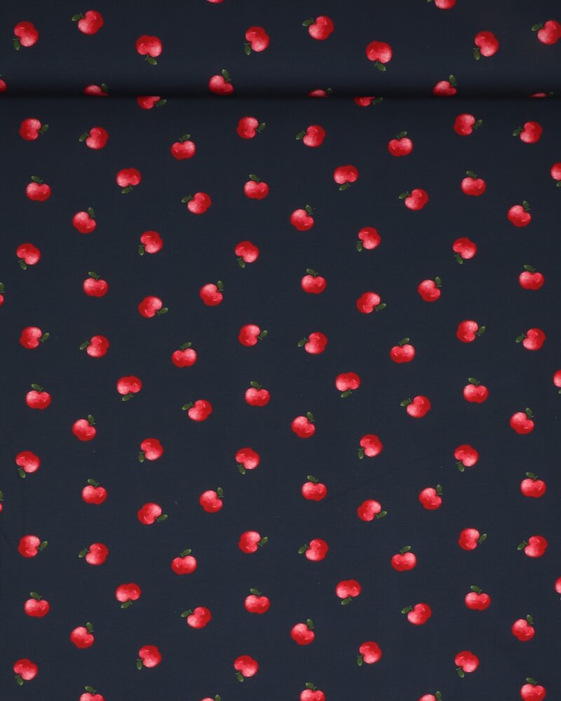 Små røde æbler på mørkeblå bund - Jersey - Swafing