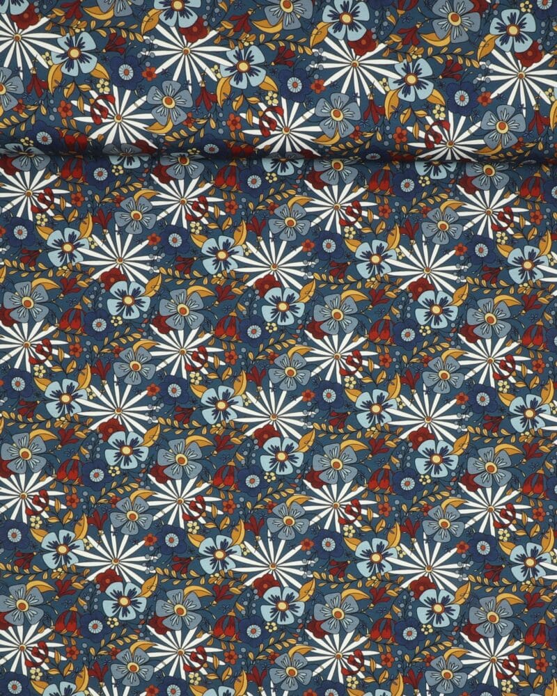 Blomster på jeansblå bund - Jersey - Balsløv