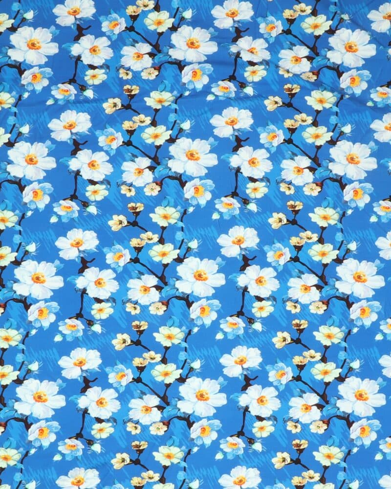 Hvide blomster på grene på blå bund - Jersey - Info mangler