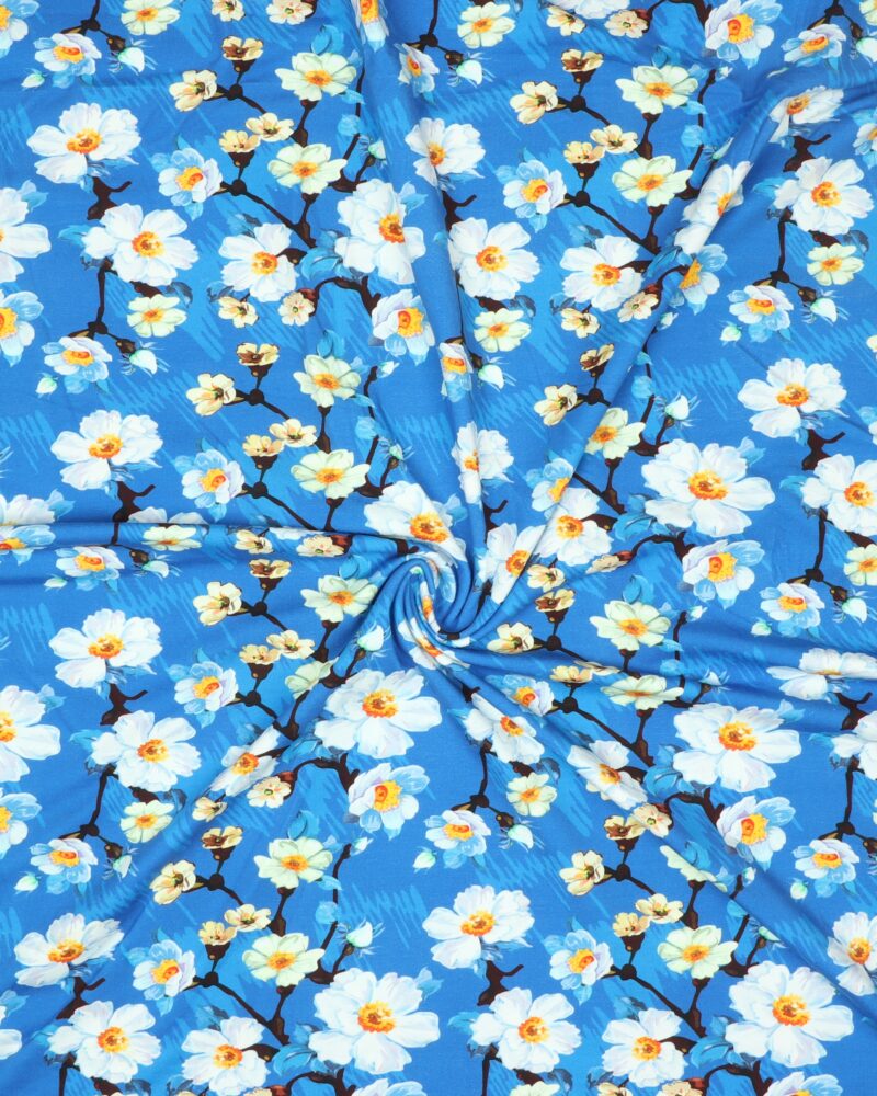 Hvide blomster på grene på blå bund - Jersey - Info mangler