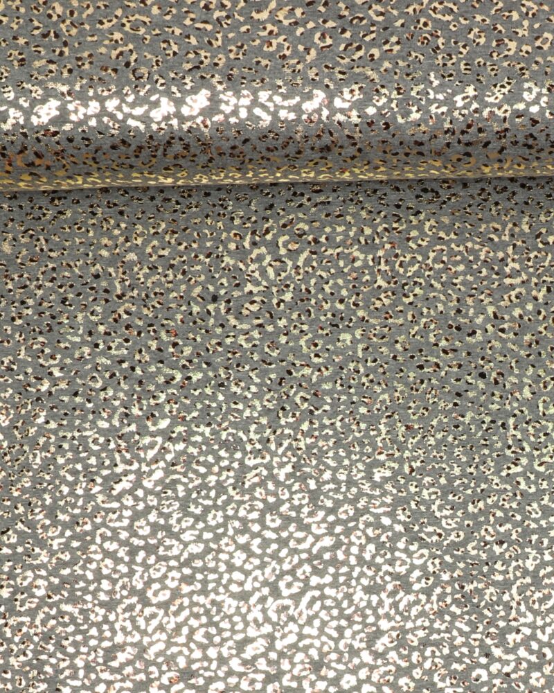 Guld panter folietryk på grå bund - Isoli (alpefleece) - S&W Stoffe