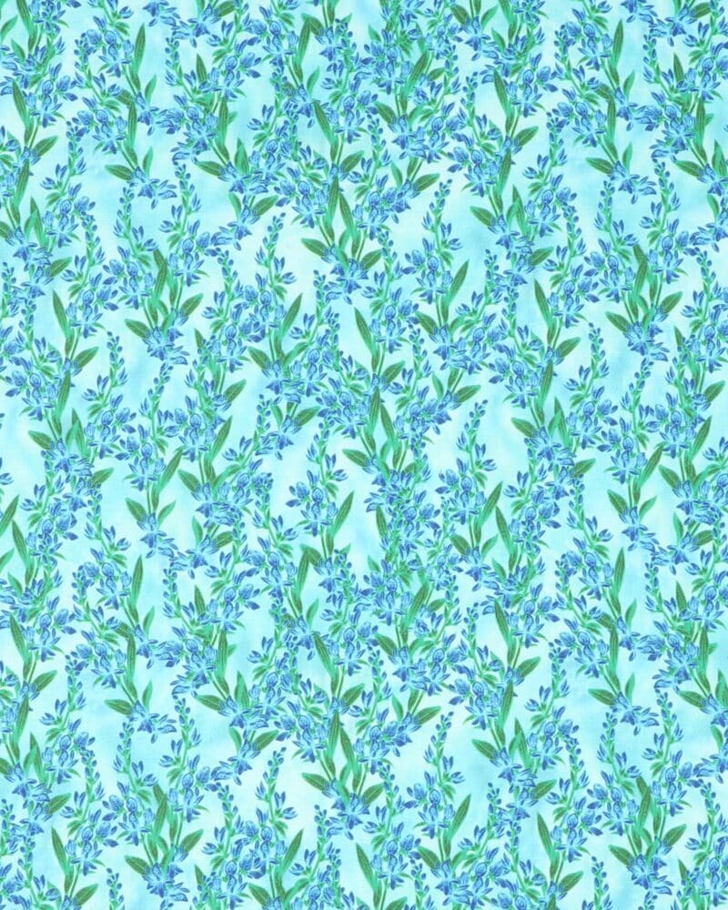 Blå blomster på bund af turkise farver - Patchwork - Stoffabrics